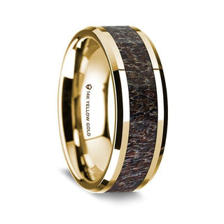 14K Yellow Gold Polished Beveled Edges Wedding Ring with Dark Deer Antler Inlay - 8 mm
