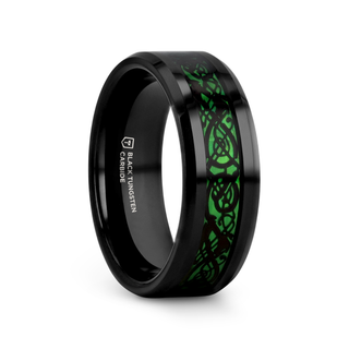 ALLURE Black Dragon Design With Green Background Inlaid Black Tungsten Men's Ring With Clear Coating And Beveled Edge - 8mm