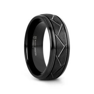 ENIGMA Domed Black Tungsten Ring with Brushed Cross Alternating Diagonal Cuts Pattern - 8mm