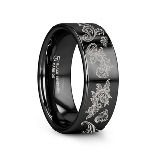 Filigree Leaf Pattern Black Tungsten Engraved Ring - 4mm - 12mm