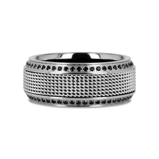 GAUNTLET Steel Chain Titanium Wedding Ring Polished Beveled Edges Set with Round Black Diamonds - 10mm