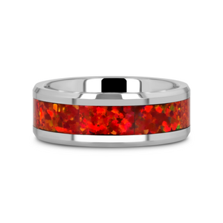 NEBULA Tungsten Wedding Band with Beveled Edges and Red Opal Inlay - 4mm - 8mm