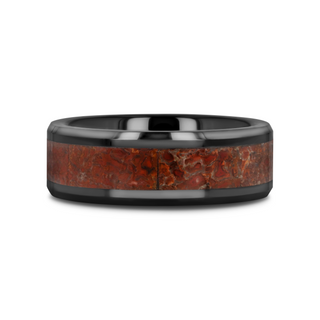TRIASSIC Red Dinosaur Bone Inlaid Black Ceramic Beveled Edged Ring - 4mm & 8mm