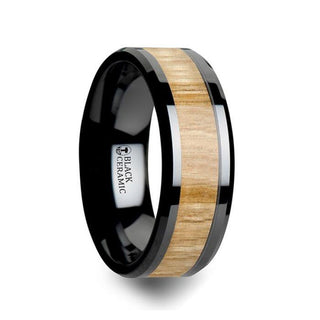 BILTMORE Black Ceramic Ring with Polished Bevels and Ash Wood Inlay - 6mm - 10mm