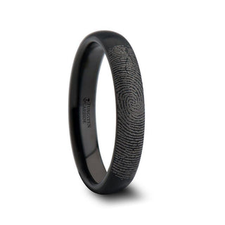 Fingerprint Engraved Domed Black Tungsten Ring with Brushed Finish - Raider - 4mm - 12mm
