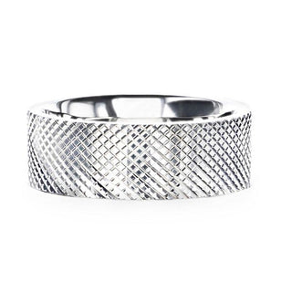 NOBLE Silver Cross-Hatched Finish Flat Style Wedding Band - 4mm & 8mm