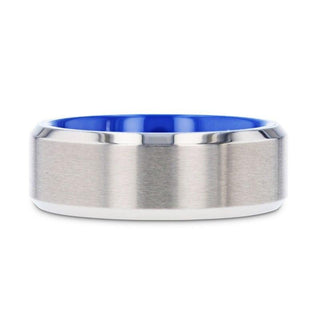 ARCTIC Flat Beveled Edges Titanium Ring with Brushed Center and Vibrant Blue Inside - 8mm