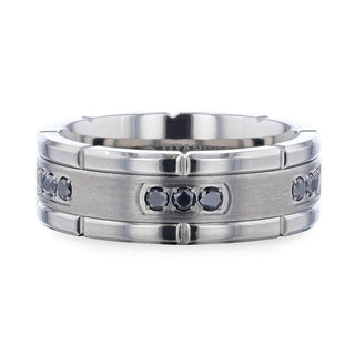 COURAGEOUS Brushed Center Titanium Men's Wedding Band With Double Grooved Polished Edges And Black Diamond Settings - 8mm