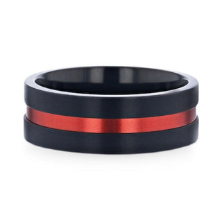 BLAZE Flat Brushed Black Titanium Men's Wedding Band With Red Aluminum Groove Brushed Center - 8mm