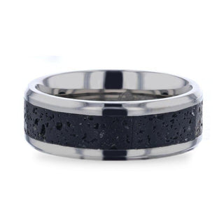 MAUNA Black And Gray Lava Inlaid Titanium Men's Wedding Band With Polished Beveled Edges - 8mm
