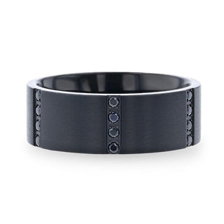 MYSTERIOUS Flat Brushed Black Titanium Men's Wedding Ring With 6 Sets of Quadruple Black Sapphires In Horizontal Channels - 8mm