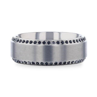 CHAMPION Flat Brushed Center Titanium Men's Wedding Band with Black Sapphire Polished Beveled Edges - 8mm