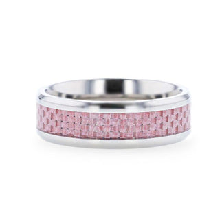 DOMINIQUE Pink Carbon Fiber Inlaid Titanium Flat Polished Finish Ring Band With Beveled Edges - 8mm