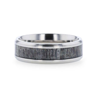 MELANISTIC Dark Deer Antler Inlaid Titanium Flat Polished Finish Men's Wedding Band With Beveled Edges - 8mm