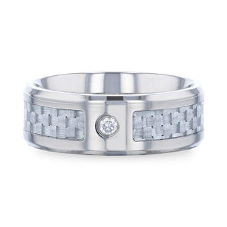 MAYBACH Light Gray Carbon Fiber Titanium Men's Wedding Band with White Diamond In The Squared Center Setting And Polished Beveled Edges - 8mm
