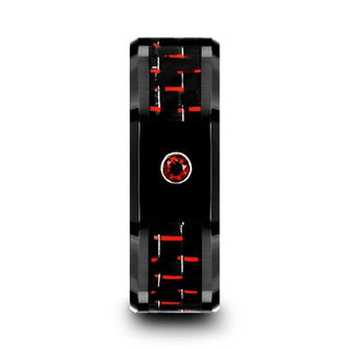 SORRELL Black Ceramic Ring with Black and Red Carbon Fiber and Red Ruby Setting - 8mm