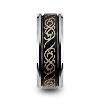 RAIZEN Tungsten Carbide Wedding Ring with Dual Offset Grooves and Laser Engraved Celtic Pattern Polished and Beveled Edges - 8mm