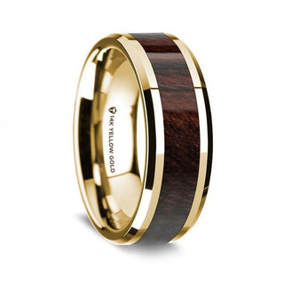 14K Yellow Gold Polished Beveled Edges Wedding Ring with Bubinga Wood Inlay - 8 mm