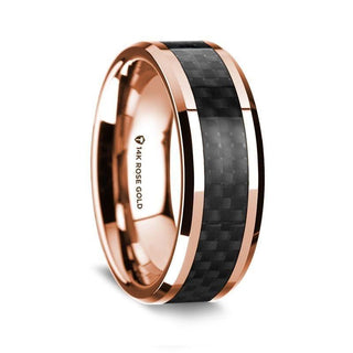 14k Rose Gold Polished Beveled Edges Wedding Ring with Black Carbon Fiber Inlay - 8 mm