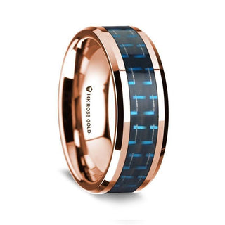 14k Rose Gold Polished Beveled Edges Wedding Ring with Black and Blue Carbon Fiber Inlay - 8mm