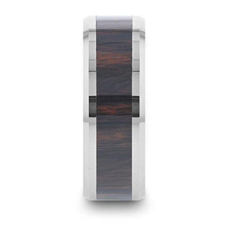 AZTEC Mahogany Inlaid Tungsten Carbide Ring with Polished Beveled Edges – 8mm