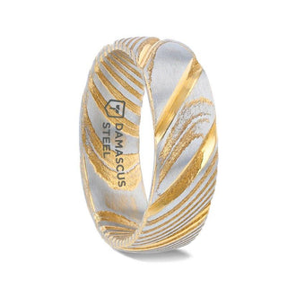 CERSEI Gold Color Domed Brushed Damascus Steel Men’s Wedding Band with Vivid Etched Design - 6mm & 8mm