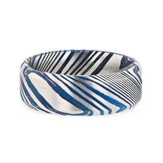 BISMAN Blue Beveled Brushed Damascus Steel Men’s Wedding Band with A Vivid Etched Design - 6mm & 8mm