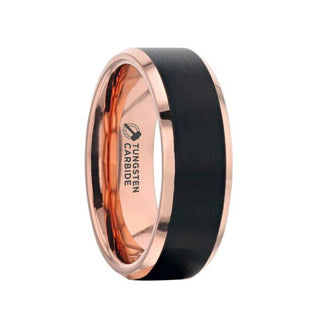 HAYDEN Rose Gold Plated Tungsten Polished Beveled Ring with Brushed Black Center - 6mm & 8mm