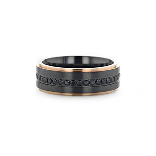 ASTRO Flat Brushed Black Titanium Ring with Rose Gold Plated Edge and Black Sapphire Settings All Around - 8mm
