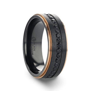ASTRO Flat Brushed Black Titanium Ring with Rose Gold Plated Edge and Black Sapphire Settings All Around - 8mm