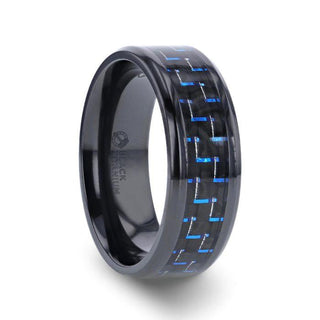 ZAYDEN Black Titanium Ring with Blue & Black Carbon Fiber Inlay and Bevels - 8mm