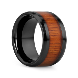 ACACIA Koa Wood Inlaid Black Ceramic Ring with Bevels - 4mm - 12mm