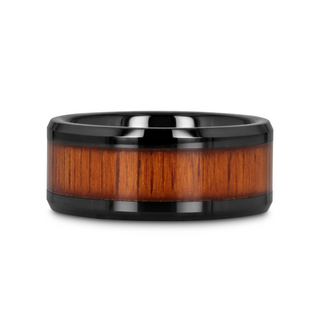 ACACIA Koa Wood Inlaid Black Ceramic Ring with Bevels - 4mm - 12mm