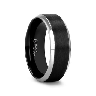 ATNOS Brushed Black Center Polished Beveled Edges Men’s Titanium Wedding Ring - 6mm & 8mm
