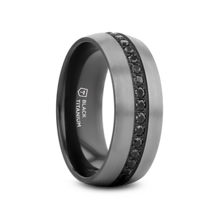 AVIATOR Domed Brushed Titanium Men's Wedding Band with Black Sapphire Stones Inlay - 8mm
