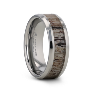 BUCK Polished Beveled Tungsten Carbide Men's Wedding Band with Ombre Deer Antler Inlay - 6mm & 8mm