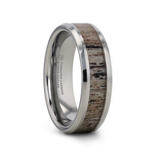 BUCK Polished Beveled Tungsten Carbide Men's Wedding Band with Ombre Deer Antler Inlay - 6mm & 8mm