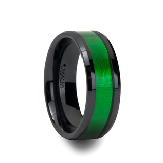 IRVING Beveled Black Ceramic Ring with Textured Green Inlay - 8mm