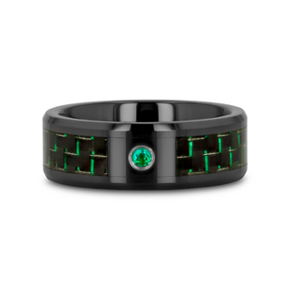 HADAR Black Ceramic Ring with Black and Green Carbon Fiber and Green Emerald Setting - 8mm