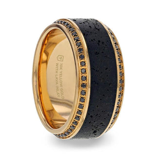 HYPERION Lava Inlaid 10K Yellow Gold Wedding Ring Polished Beveled Edges Set with Round Black Diamonds - 10mm