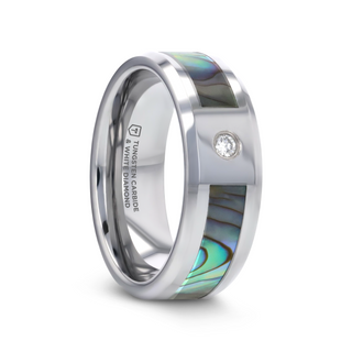 HONOLULU Mother of Pearl Inlay Tungsten Carbide Ring with Beveled Edges and White Diamond - 8mm