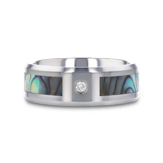 HONOLULU Mother of Pearl Inlay Tungsten Carbide Ring with Beveled Edges and White Diamond - 8mm