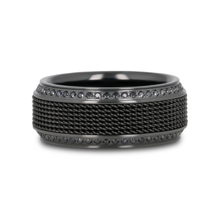 KNIGHT Steel Chain Black Titanium Wedding Ring Polished Beveled Edges Set with Round Black Diamonds - 10mm