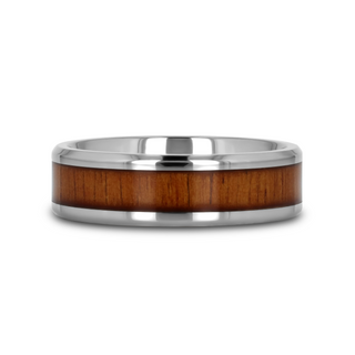 KOAN Titanium Polished Finish Koa Wood Inlaid Men’s Wedding Ring with Beveled Edges - 6mm & 8mm