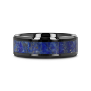 MARLOW Men’s Polished Black Ceramic Wedding Band with Blue Lapis Inlay & Beveled Edges - 8mm