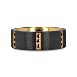 MURAMASA Flat Brushed Black Titanium Ring Gold Plated Inside with 6 Gold Plated Stainless Steel Bezels Triple Black Diamond Setting - 8mm