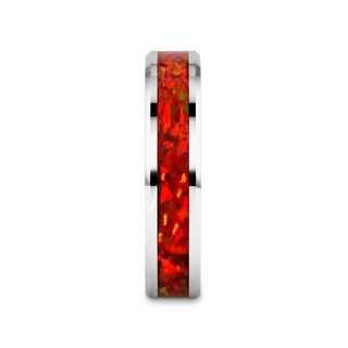 NEBULA Tungsten Wedding Band with Beveled Edges and Red Opal Inlay - 4mm - 8mm