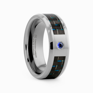 NEPTUNE Tungsten Carbide Ring with Black and Blue Carbon Fiber and Blue Sapphire Setting with Bevels - 8mm
