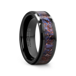 PERMIAN Blue Dinosaur Bone Inlaid Black Ceramic Beveled Edged Ring - 4mm or 8mm