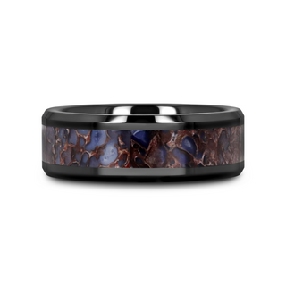 PERMIAN Blue Dinosaur Bone Inlaid Black Ceramic Beveled Edged Ring - 4mm or 8mm
